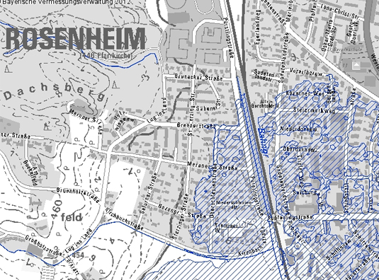 Ausschnitt der topographischen Karte, Bereich Rosenheim mit Darstellung der Überschwemmungsgebiete; bei Mausklick Aufruf des Kartendienstes Überschwemmungsgefährdete Gebiete in Bayern; bei Mausklick Aufruf des Kartendienstes Überschwemmungsgefährdete Gebiete in Bayern