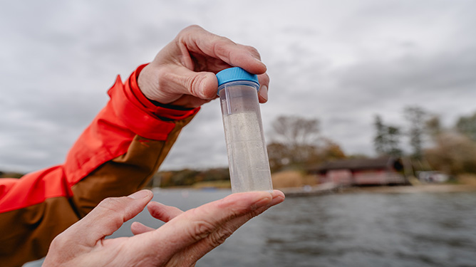Das Bild zeigt Hände  der eine Probe gehalten wird